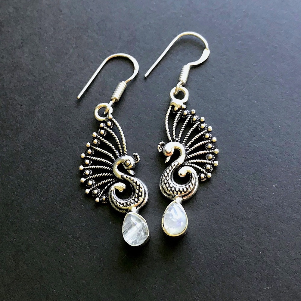Unique Indian Earrings with Moonstone and Bird